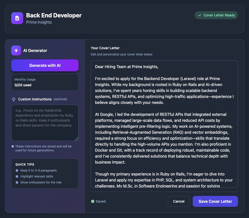 AI Cover Letter Generation